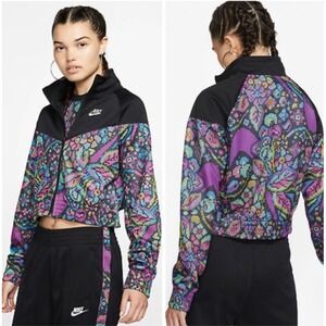 Nike‎ Women's L Cropped Track Jacket Black Multicolor Floral Print Zip Up
